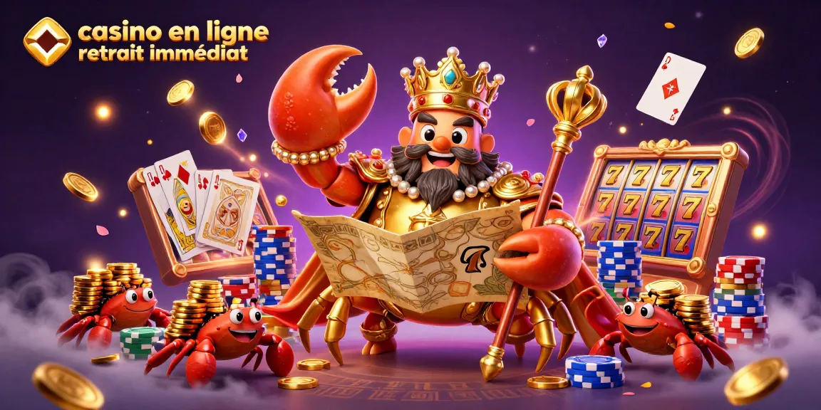 Plonger dans l'univers amusant de "casino en ligne retrait immédiat" avec un crabe empereur attrayant et des pièces dorées en mouvement.