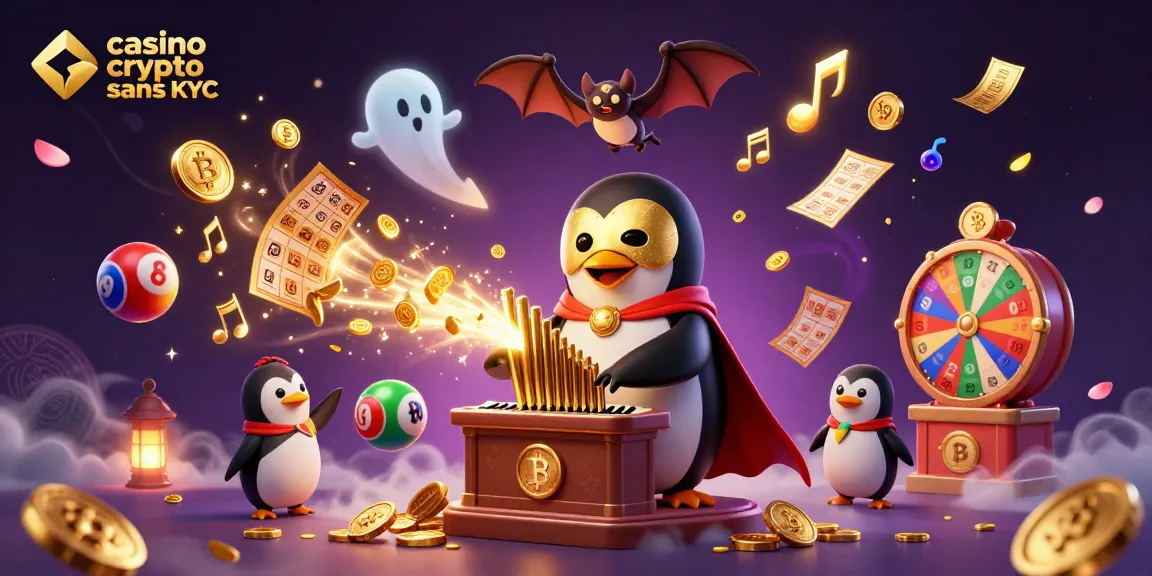 Découvrez les jeux de casino crypto sans KYC à travers une scène festive avec un pingouin et des éléments vibrants.