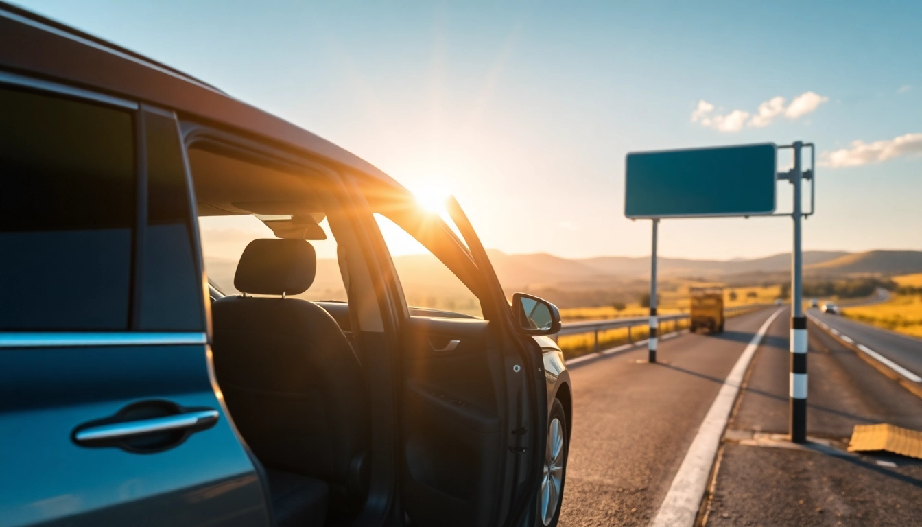 Long distance taxi transfers featuring a luxurious vehicle at a scenic stop, inviting travelers to enjoy comfort and reliability.