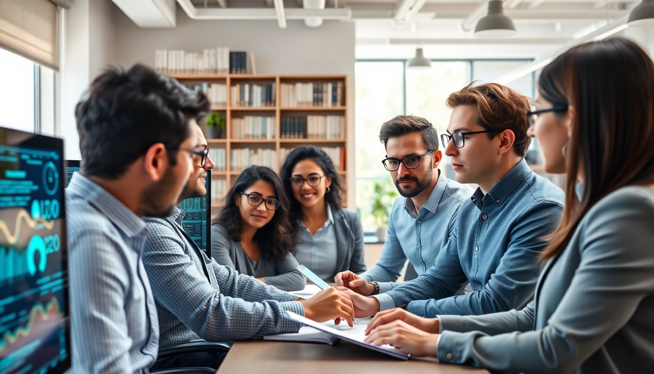 Engaged business analysts using AI for competitive intelligence in a modern office setting.