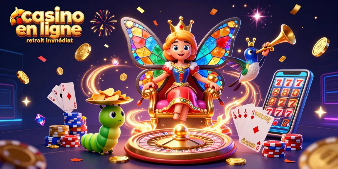 Découvrez le casino en ligne retrait immédiat avec une illustration captivante d'une reine papillon et des éléments de jeu.