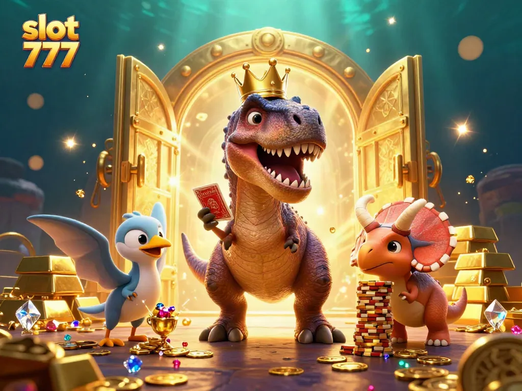 Menggulung slot 777 dengan T-Rex mengocok kartu dan triceratops menumpuk chip emas.