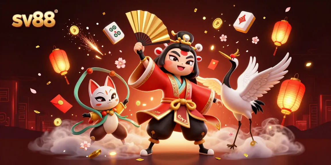 Experience thrilling games at sv88, featuring a vibrant scene with kabuki warriors and festive elements.