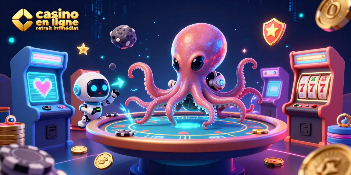 Vivez l'excitation du casino en ligne retrait immédiat avec un octopus alien animant une table de poker holographique.