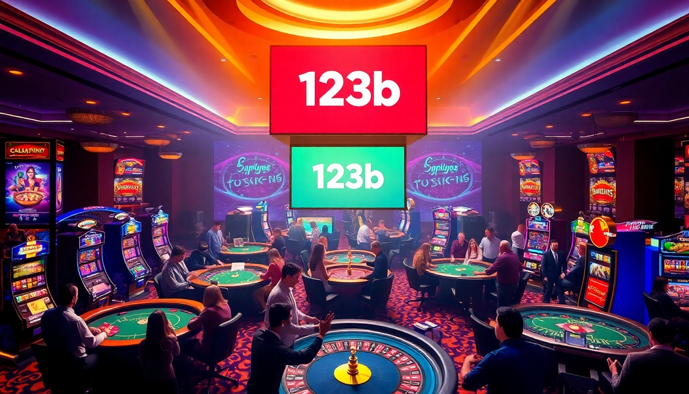 Excited players enjoying the spirited atmosphere at 123b Casino with vibrant slot machines and poker tables.