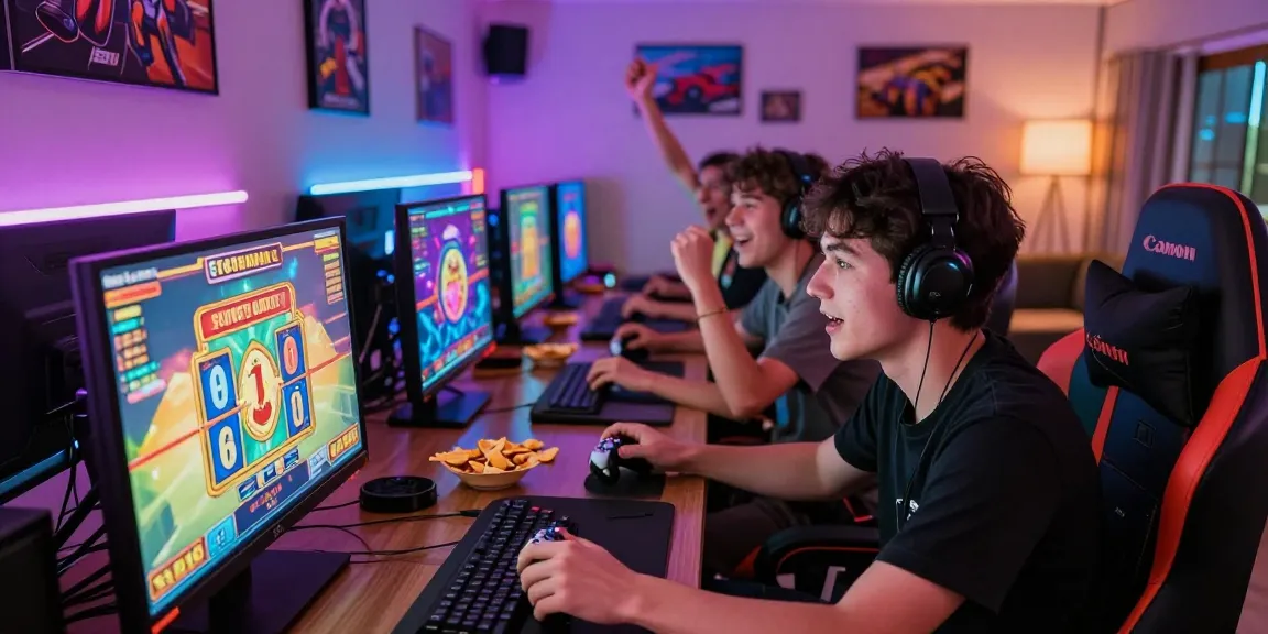 Engaged players enjoying slot gacor gameplay in a vibrant online gaming environment, illuminated by colorful graphics.