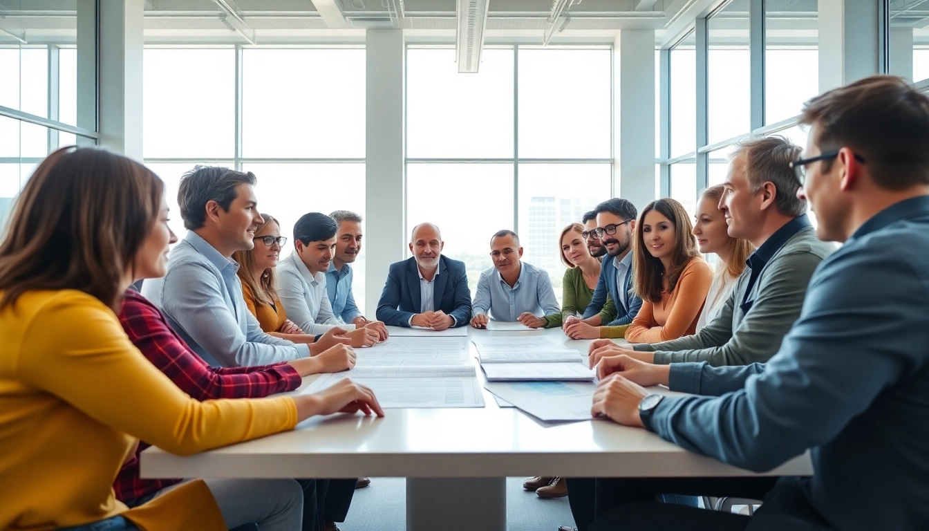 Engaged professionals discussing construction advocacy in a modern office studio.