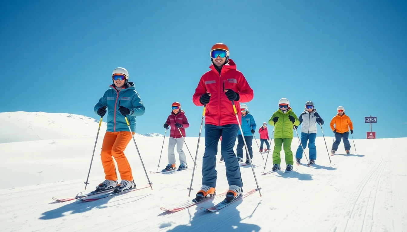 Beginners enjoying ski lessons and packages amid snowy slopes under bright skies.