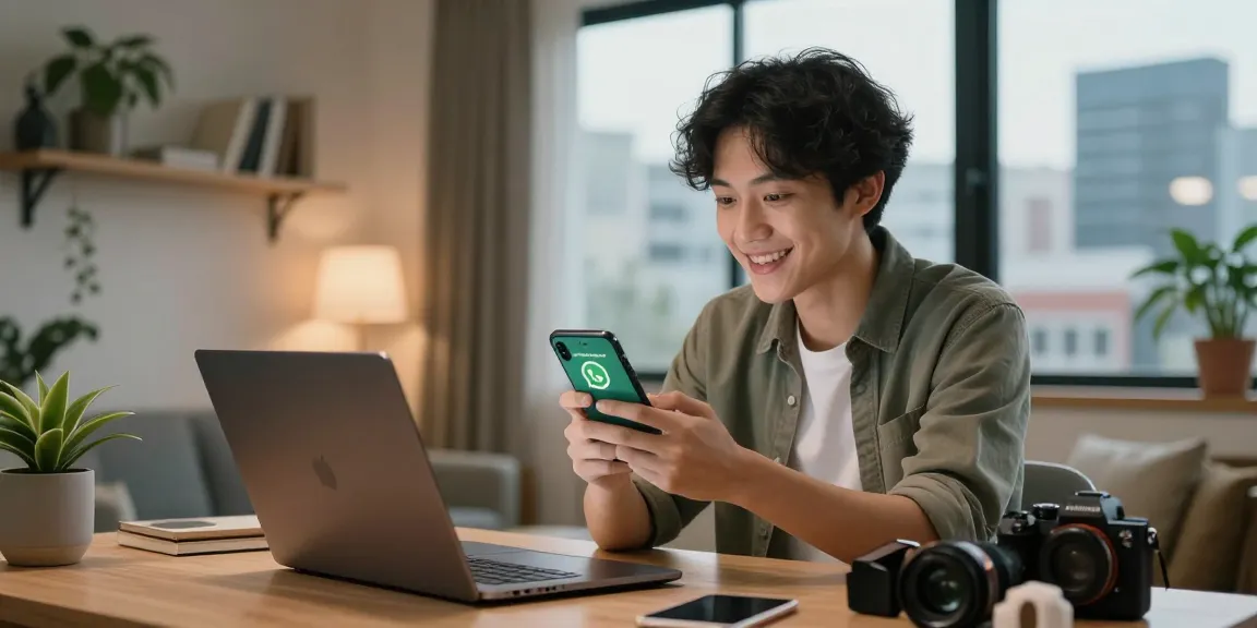 Setting up WhatsApp下載 on a smartphone in a modern urban apartment.