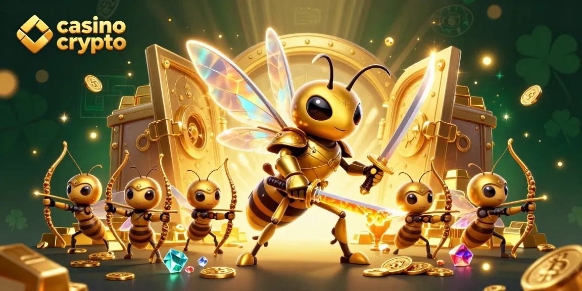 Visualisez un casino crypto fascinant avec un frelon doré et des arbalètes, offrant des gains prestigieux.