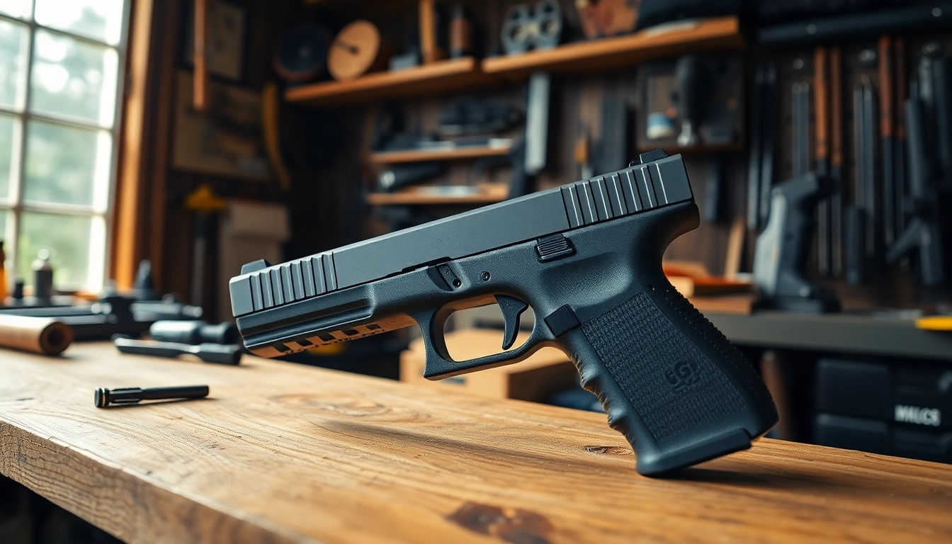 Detailing a glock 17 slide on a workbench with precision craftsmanship.