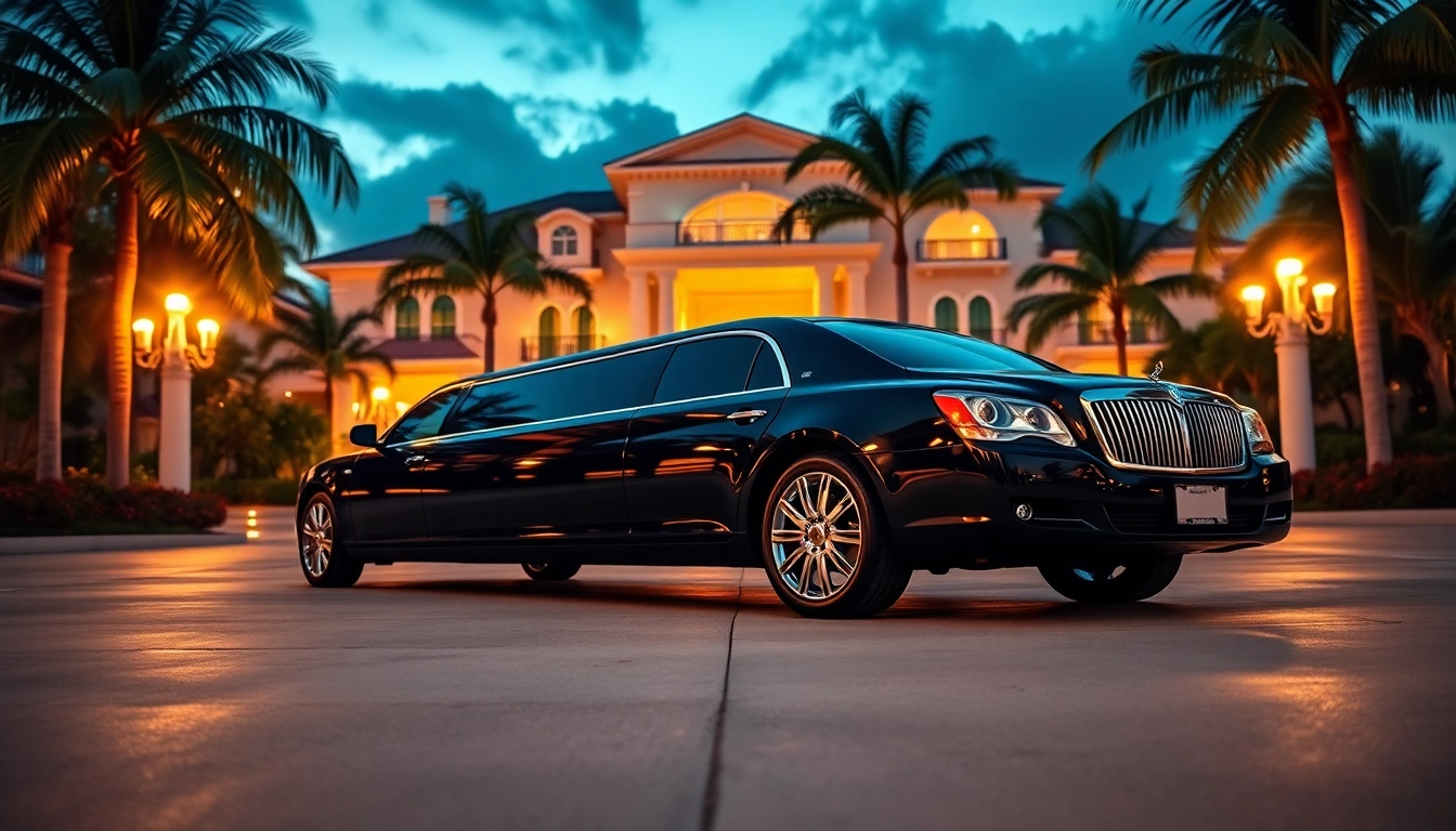 Experience premium limousine services Miami in style with a luxurious black limousine at a stunning Miami mansion.