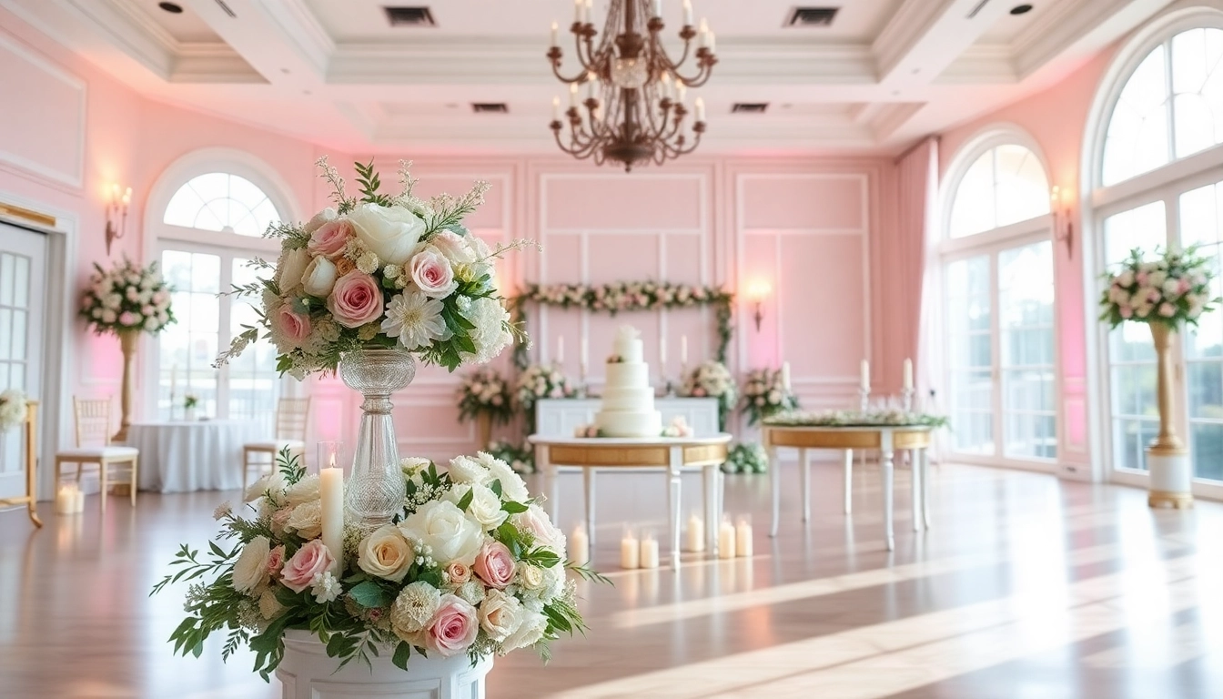 Beautifully decorated Jacksonville wedding venue with floral arrangements and a cake table.
