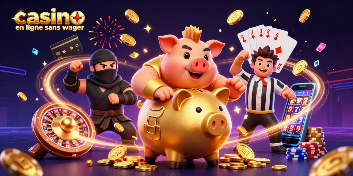 Illustration dynamique montrant des éléments de casino en ligne sans wager, avec des personnages colorés et des pièces d'or.