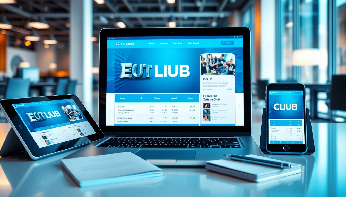 Showcase of online club software on various devices highlighting user-friendly features.