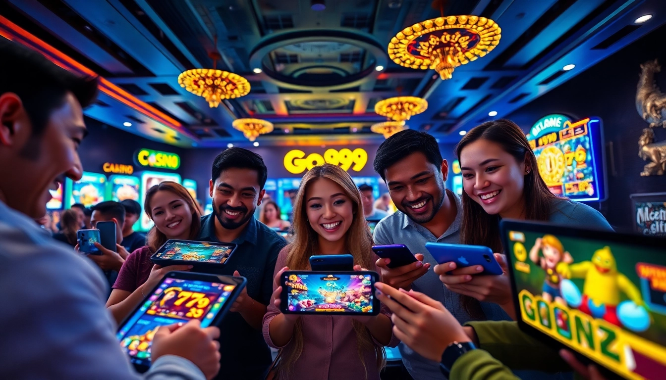 Experience the excitement of cổng game go99 with diverse gamers enjoying a vibrant digital casino atmosphere.