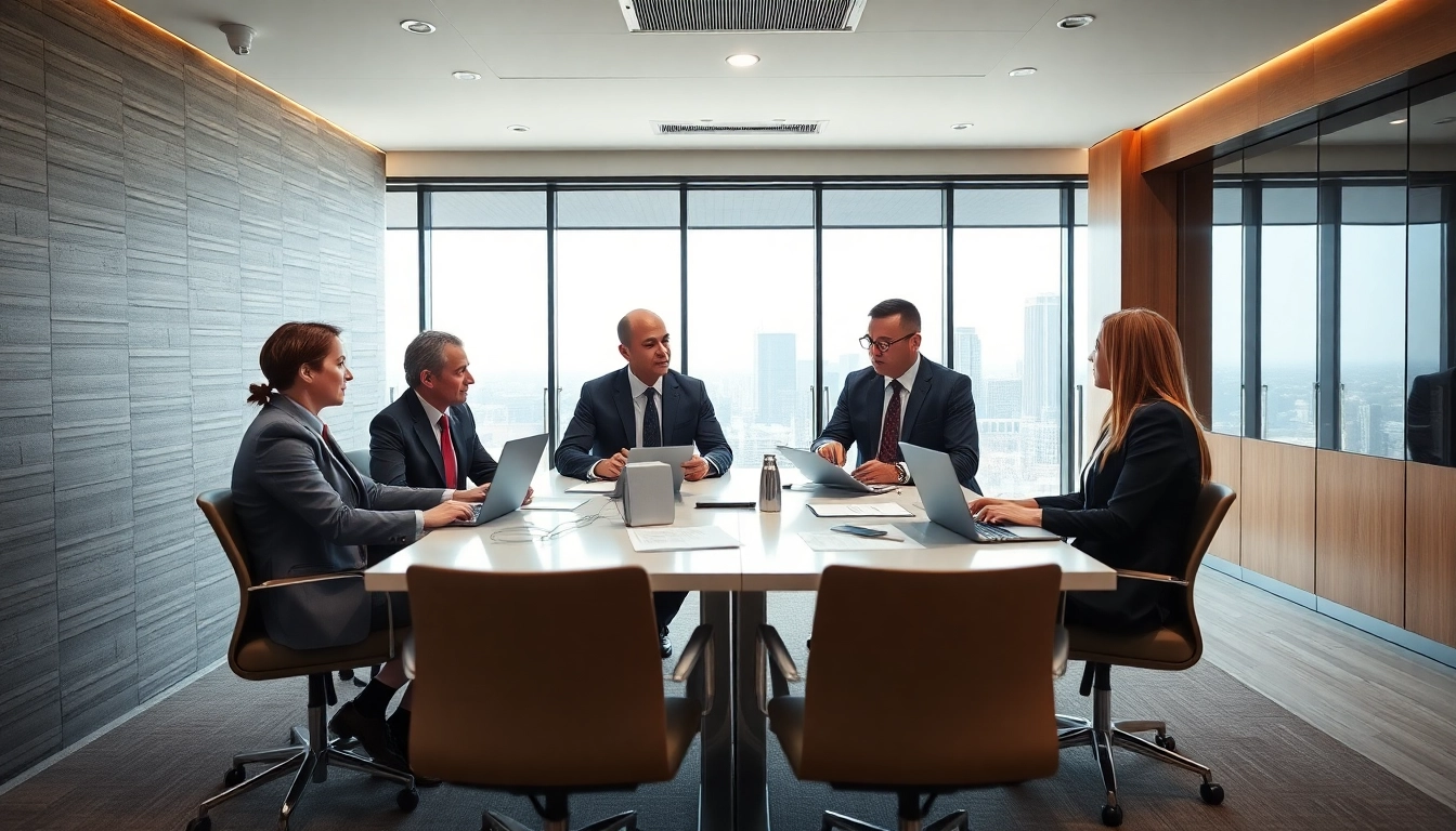 USA attorneys collaborating in a modern law office setting with city skyline.
