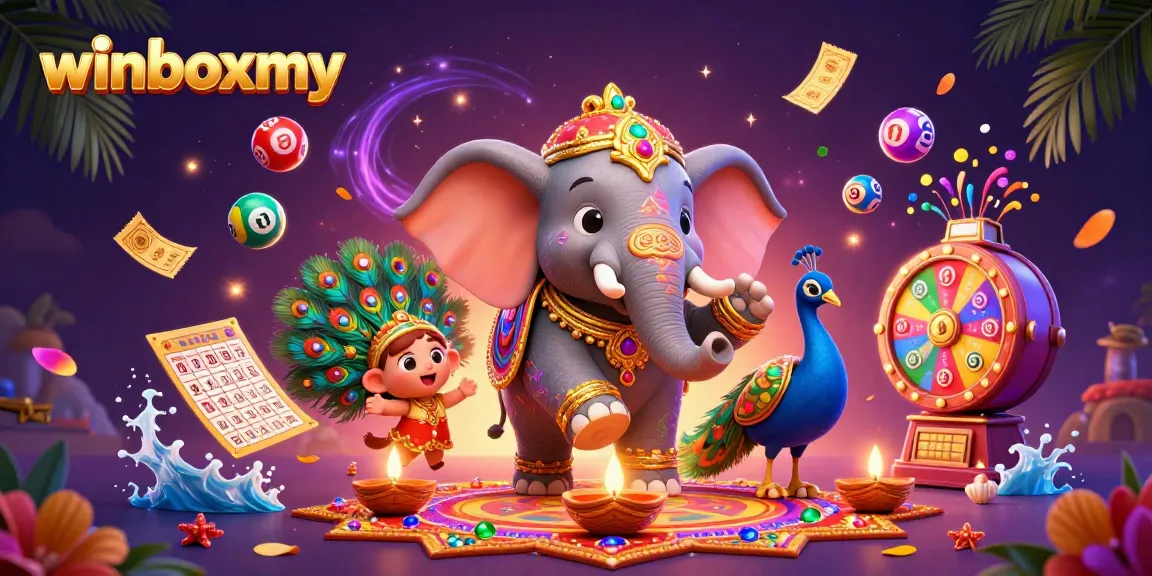Engage with winboxmy's vibrant online casino games featuring a festive 3D elephant and dazzling lottery elements.