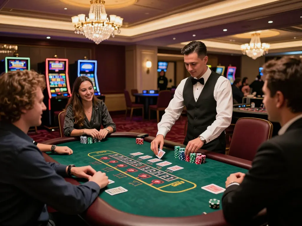 Players engaging at a blackjack table in a vibrant casino, highlighting situs gacor opportunities with excitement and strategy.