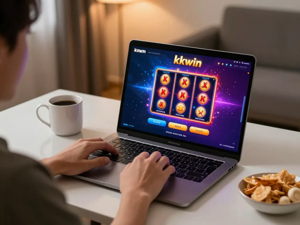 Engaging online gaming session using kkwin app on a laptop with immersive visuals