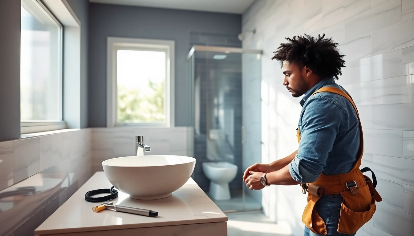 Bathroom installer adjusting a modern sink in a beautifully designed bathroom.