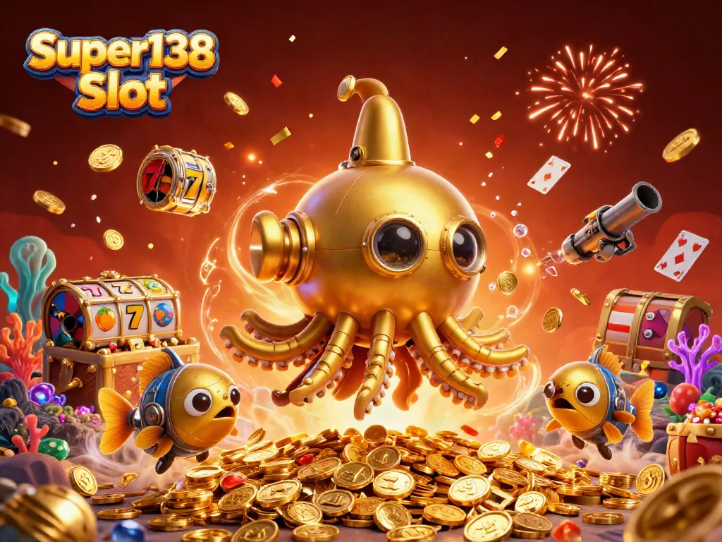 Engage with Super138 Slot in a vibrant underwater casino scene featuring a golden kraken and slot symbols.