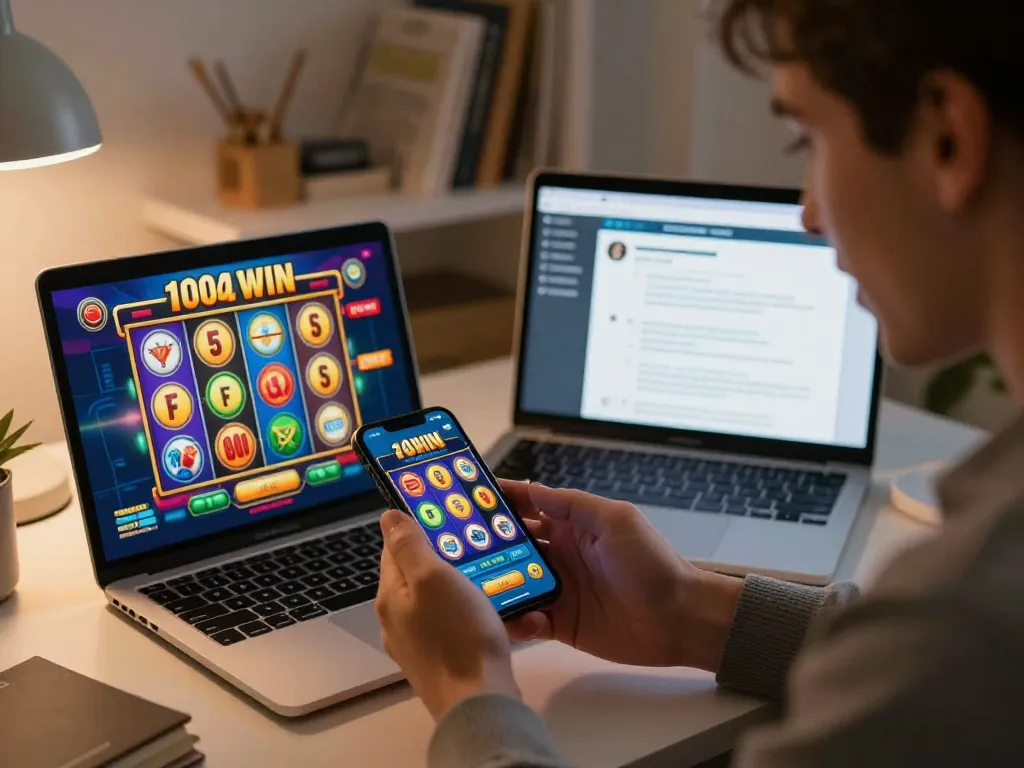 Player spinning the reels for a slot bonus 100 on their smartphone, showcasing lively gaming interface and home setting.