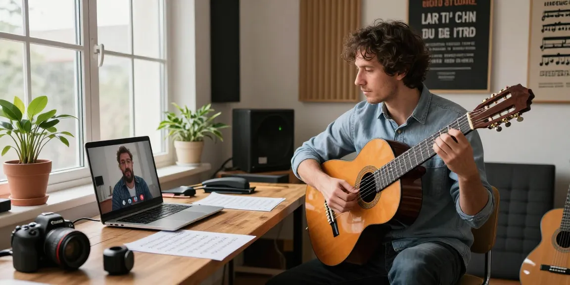 Guitar Instructor Online conducting personalized lessons in a warm home studio.
