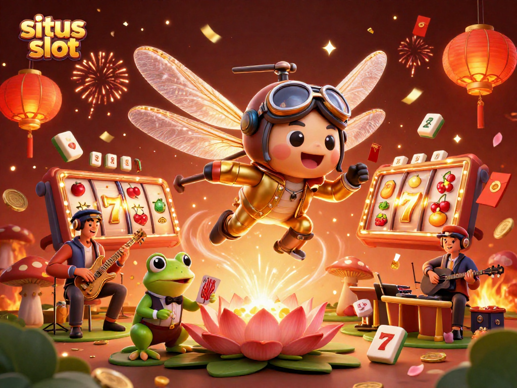 Gambarlah situs slot menampilkan pilot helikopter capung yang menghadap kasino, dikelilingi dengan simbol kemenangan.