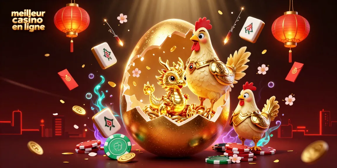 Explorez le meilleur casino en ligne avec une illustration captivante d'un œuf doré et un dragon en cristal parmi les jetons de poker.