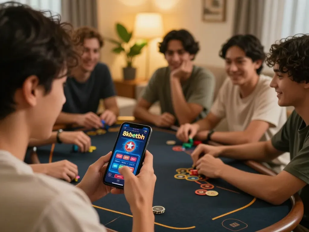Engaging scene with a player using 8kbetbh on smartphone, friends discussing strategies, cozy home gaming atmosphere.