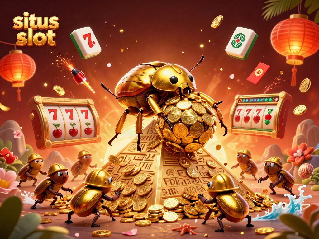 Experience thrilling situs slot adventures with golden beetles and vibrant casino symbols.