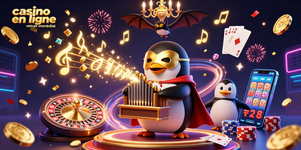 Illustration captivante de casino en ligne retrait immédiat, avec un pingouin fantôme jouant de l’orgue et des pièces d'or volant.
