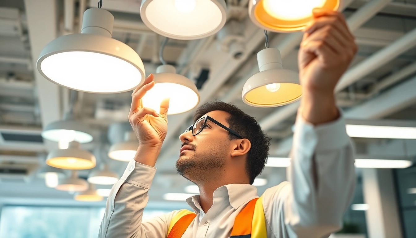 Lighting maintenance technician updating office fixtures for safety and efficiency.