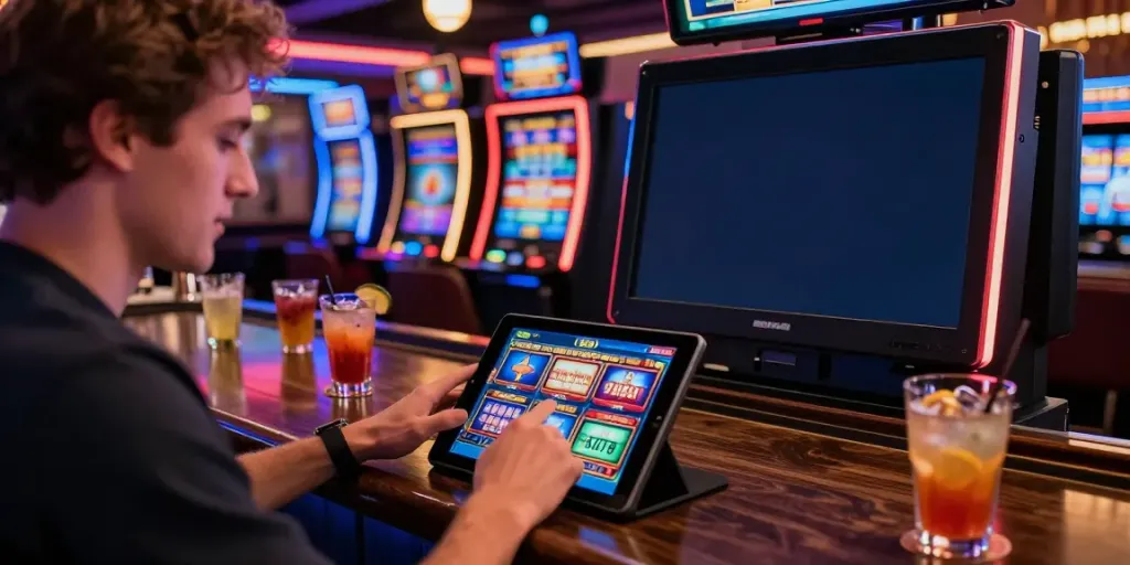 Excited player enjoying slot games at credit card casinos with vibrant ambiance.
