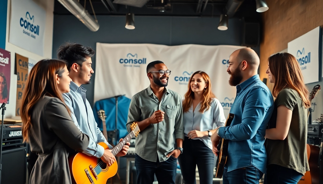 Engaging professionals in a music pr agency collaborating creatively.
