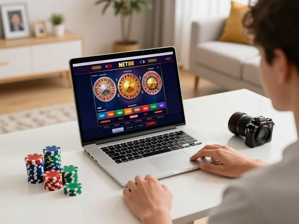 Engaging scene of online gaming featuring Giới thiệu NET88 interface, showcasing excitement in a cozy environment.