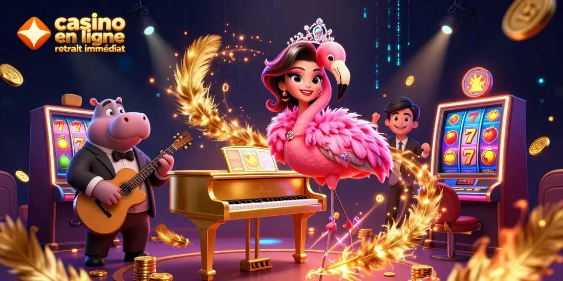 Découvrez une scène de casino en ligne retrait immédiat avec un chanteur flamant rose et un bassiste hippopotame.