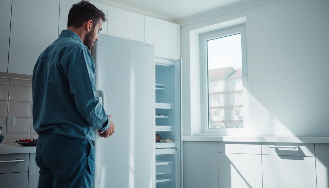 Technician performing Freezer Repair in a bright kitchen, showcasing tools and professionalism.