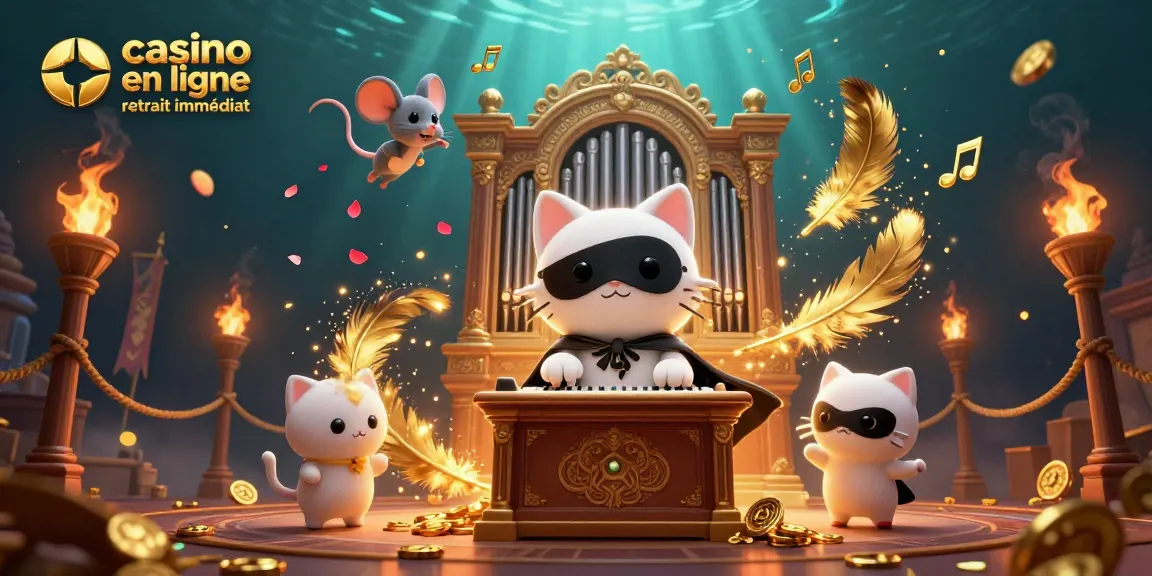Profitez de l'expérience du casino en ligne retrait immédiat avec un chat en masqué au piano et un acrobate.