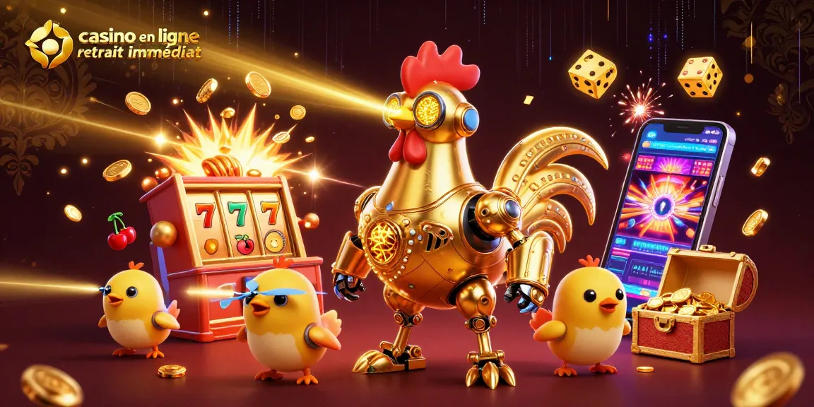 Engrangez vos gains avec le casino en ligne retrait immédiat, révélant un robot doré et des machines à sous.