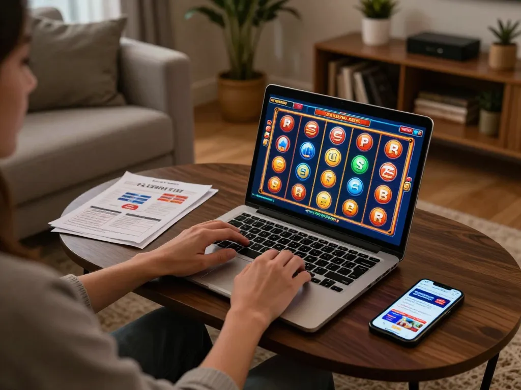 Player engaging in slot deposit 2rb gaming on a laptop in a cozy home environment.