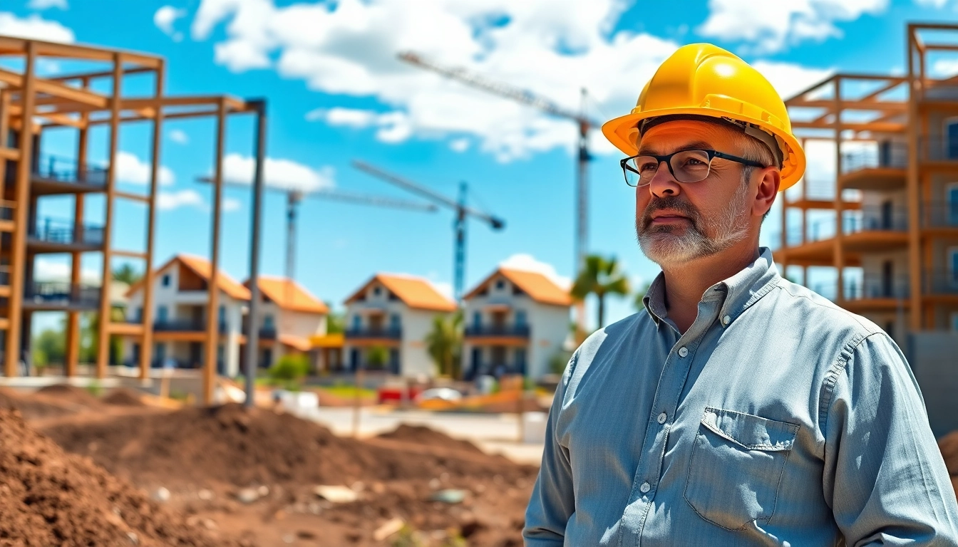 Residential building developer supervising a construction site amidst developing homes and cranes.