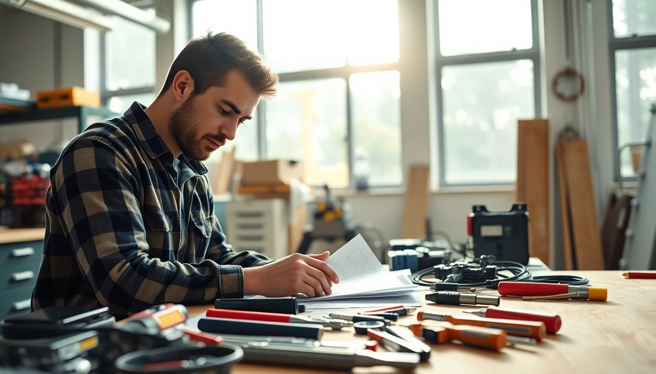 Electrician in electrical apprenticeship assembling and wiring tools in a workshop.