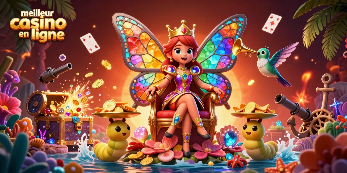 Découvrez le meilleur casino en ligne avec une reine papillon colorée entourée d'éléments de jeu animés.