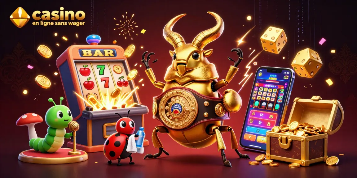 Une ambiance de casino en ligne sans wager avec un scarabée doré boxeur, une coccinelle entraîneuse, et des effets lumineux.