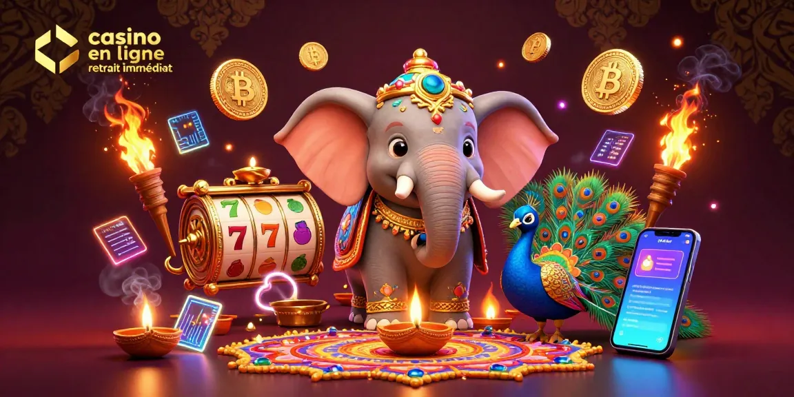 Jouez instantanément dans un casino en ligne retrait immédiat avec des symboles colorés, des pièces et un éléphant décoré.