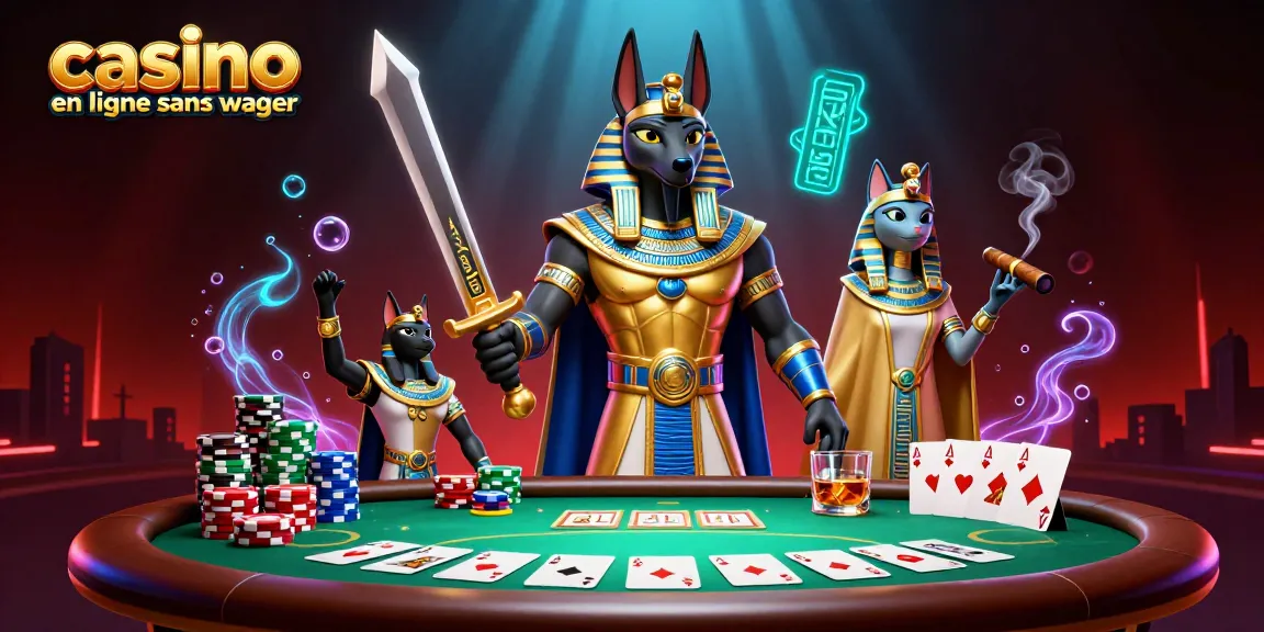 Jouez au casino en ligne sans wager avec Anubis et Bastet entourés de jetons et de cartes.