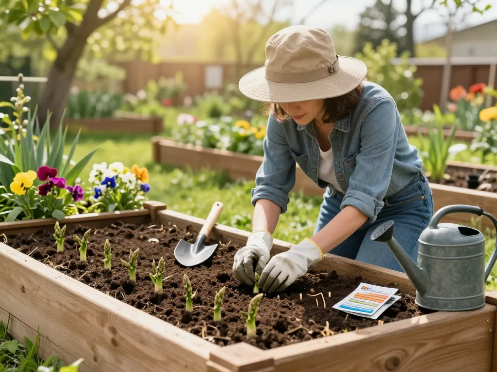 Setting for groene asperges zaaien in a home garden with gardener planting asparagus seeds, surrounded by tools and greenery.