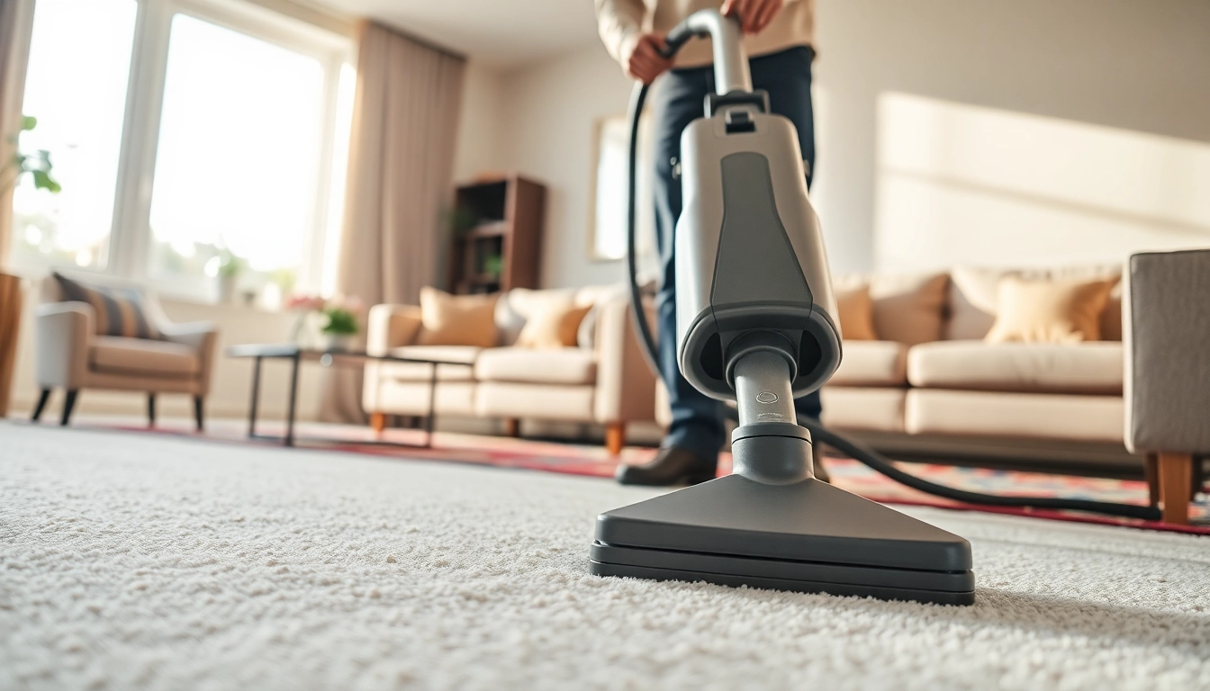 Technician performing carpet cleaning business services in a modern living room.